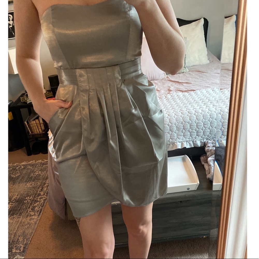 BCBG silver, strapless dress